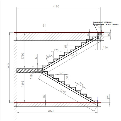 чертеж металлического каркаса лестницы